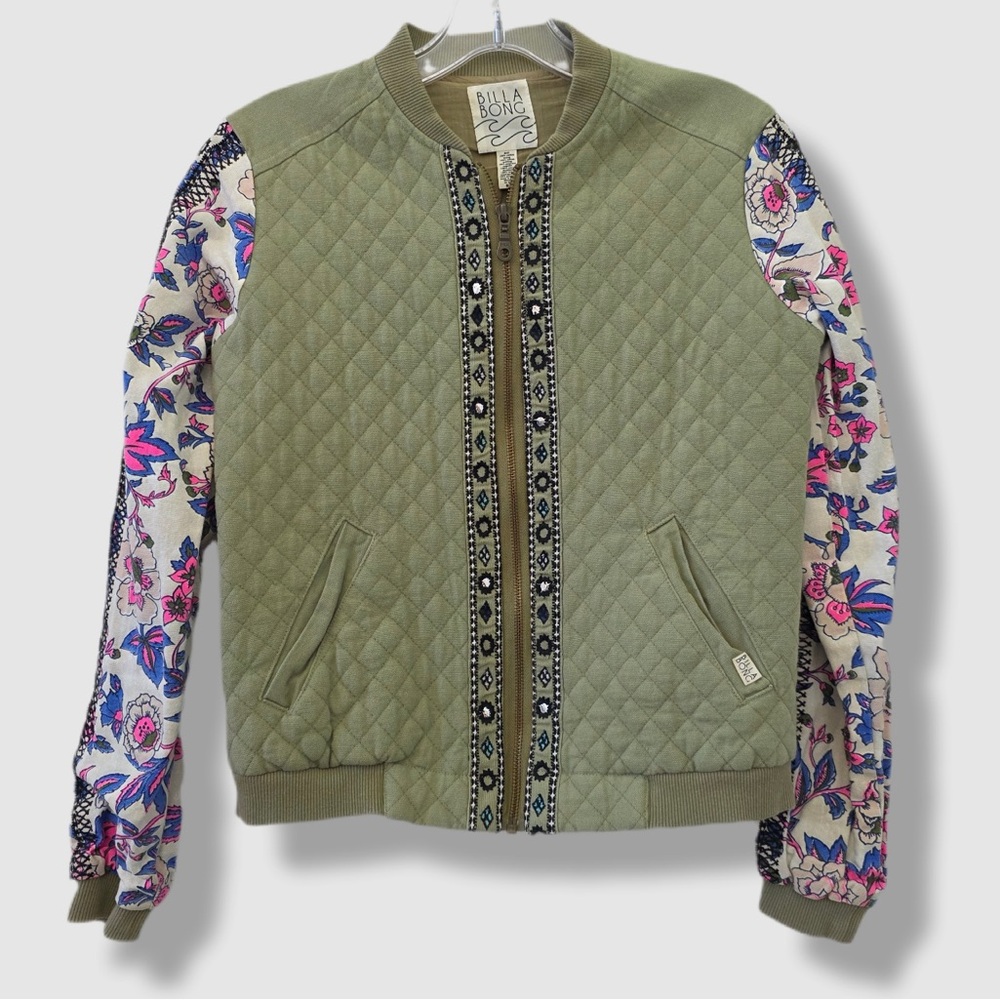 Billabong Backup Luv Floral Quilted Bomber Jacket Small